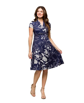 24seven Comfort Apparel Women's Navy Print Short Sleeve Knee Length V Neck Wrap Dress