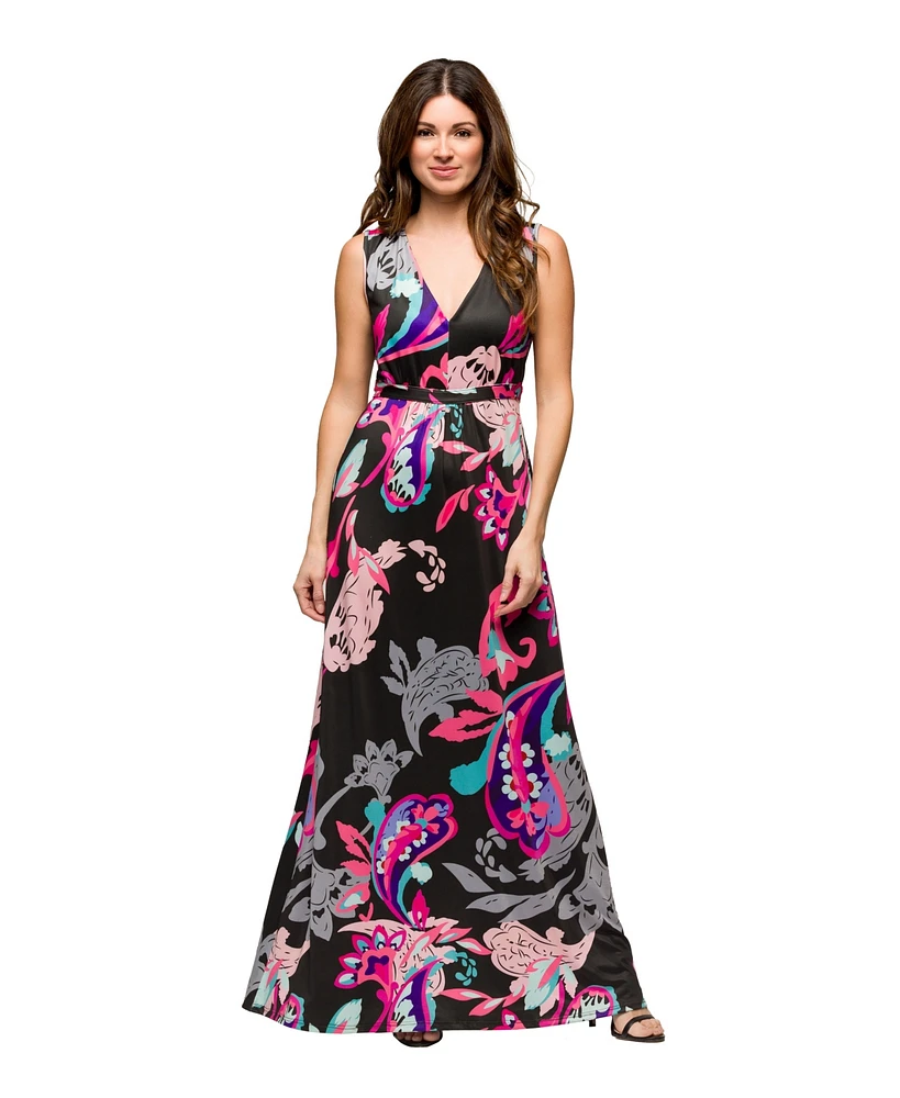 24seven Comfort Apparel Women's V Neck Empire Waist Sleeveless Maxi Dress