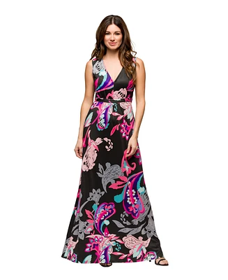 24seven Comfort Apparel Women's V Neck Empire Waist Sleeveless Maxi Dress