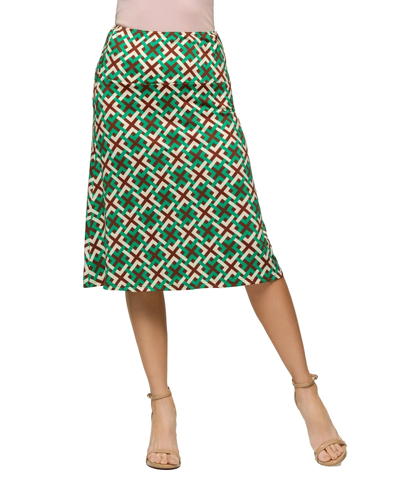 24seven Comfort Apparel Women's Green Geometric Print Comfortable Elastic Waist Knee Length Skirt