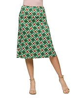 24seven Comfort Apparel Women's Green Geometric Print Comfortable Elastic Waist Knee Length Skirt