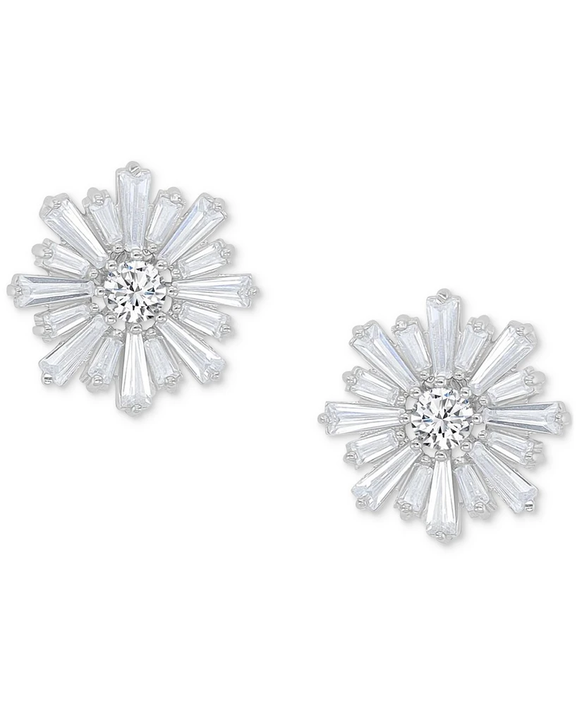Cubic Zirconia Round & Baguette Flower Stud Earrings in Sterling Silver