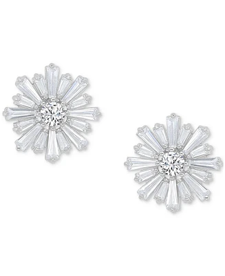 Cubic Zirconia Round & Baguette Flower Stud Earrings in Sterling Silver