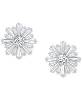 Cubic Zirconia Round & Baguette Flower Stud Earrings in Sterling Silver