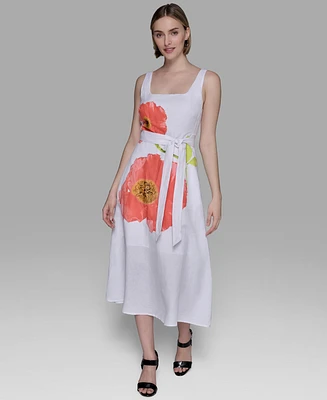Karl Lagerfeld Paris Women's Floral-Print Linen-Blend A-Line Dress