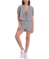 Elan Women's Gingham Tie-Front Puff-Sleeve Top