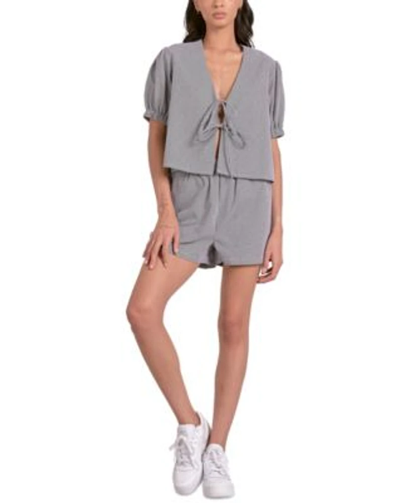 Elan Womens Seersucker Tie Front Puff Sleeve Top Seersucker Pull On Shorts