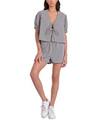 Elan Womens Seersucker Tie Front Puff Sleeve Top Seersucker Pull On Shorts