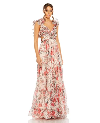 Mac Duggal Women's Ruffle Tiered Floral Cut-Out Chiffon Gown