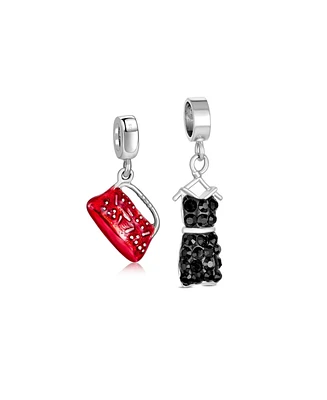 Bling Jewelry Set of 2 Fashion Crystal Black Dress & Red Clutch Purse Dangle Charm Bead Sterling Silver