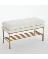Modern Upholstered End of Bed Bench with Metal Legs and Storage Shelf Versatile Shoe Rack Ottoman for Entryway Bedroom Living Room Window or Hallway-T