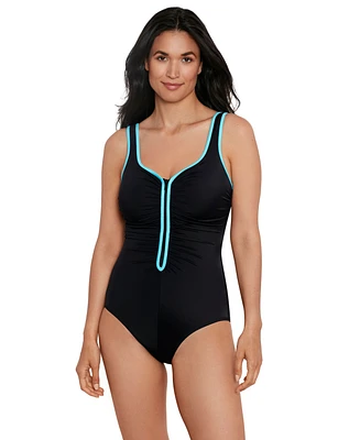 ShapeSolver Sport by Mimi Flamingo Women's ShapeSolver Sporty Color Coated Shirred Zipper One Piece Swimsuit