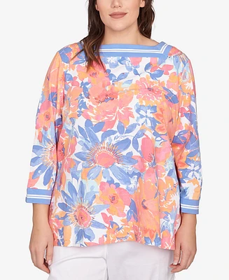 Ruby Rd. Plus Floral Striped Trim Top