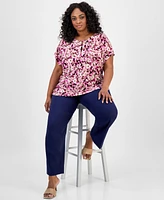 Jones New York Plus Floral-Print Keyhole Top