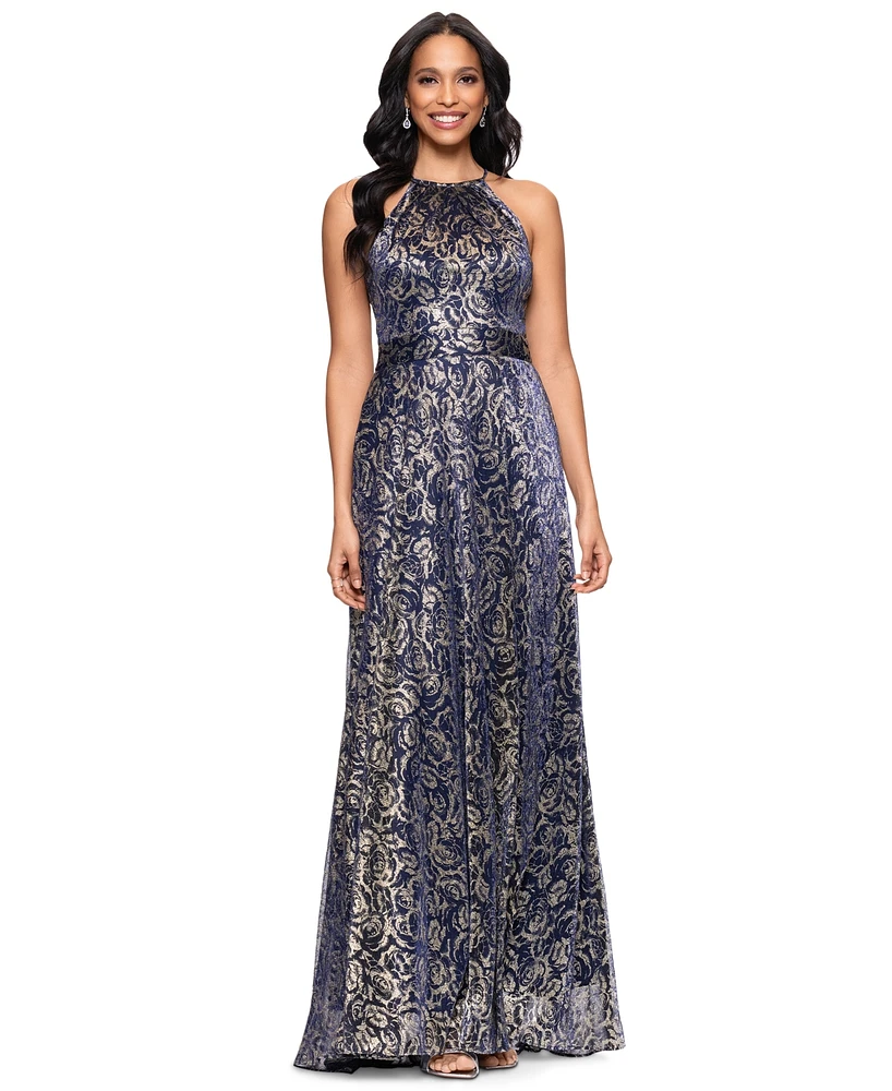 Betsy & Adam Petite Metallic Floral Print Sleeveless Gown