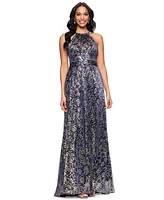 Betsy & Adam Petite Metallic Floral Print Sleeveless Gown