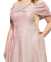 Betsy & Adam Plus Metallic Off-The-Shoulder Gown