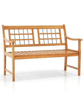 Outdoor Acacia Wood Bench 2-Person Patio Bench with Slatted Seat & Backrest