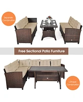 3PCS Rattan Dining Set Patio Furniture 6 Seats Sofa Cushioned