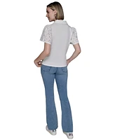 Karl Lagerfeld Paris Women's Mixed-Media Eyelet Knit Top