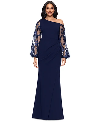 Betsy & Adam Women's Asymmetric-Neck Lace-Sleeve Gown
