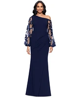 Betsy & Adam Women's Asymmetric-Neck Lace-Sleeve Gown