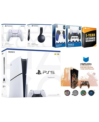 Sony Playstation 5 Slim Disc with Black Pulse Headset, Extra Gray Camo Controller, Trigger Stop Kit, Fps Grip Kit and MightySkins Decal Voucher + 1 Ye
