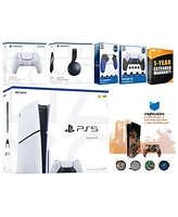 Sony Playstation 5 Slim Disc with Black Pulse Headset, Extra Gray Camo Controller, Trigger Stop Kit, Fps Grip Kit and MightySkins Decal Voucher + 1 Ye