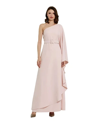 Mac Duggal Women's Crepe One Sleeve Belted Kaftan Dress