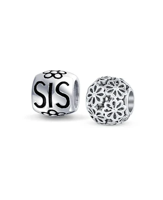 Bling Jewelry Set of 2 Sis and Heart Flower Filigree Round Bouquet Barrel Charm Bead Silver