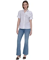 Karl Lagerfeld Paris Women's Cotton Floral-Applique Shirt