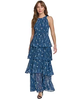 Tommy Hilfiger Women's Printed Halter Tiered Maxi Dress