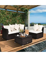 4PCS Patio Rattan Wicker Sofa Furniture Set Cushioned Conversation Ottoman Set