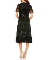 Mac Duggal Women's Sequined High Neck Ruffled Flutter Sleeve Midi Dress