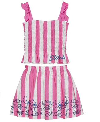 Disney Toddler and Little Girls 2-Piece Stitch Embroidered Stripe Top Skirt Set