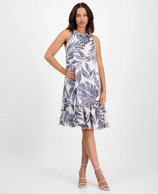 Robbie Bee Petite Printed Ruffle-Trim Sleeveless Shift Dress