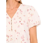CeCe Women's Printed Eyelet Cotton Bubble Sleeve Blouse