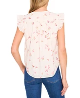 CeCe Women's Printed Eyelet Cotton Pintuck Blouse
