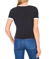 CeCe Women's Button-Shoulder Contrast-Trim T-Shirt
