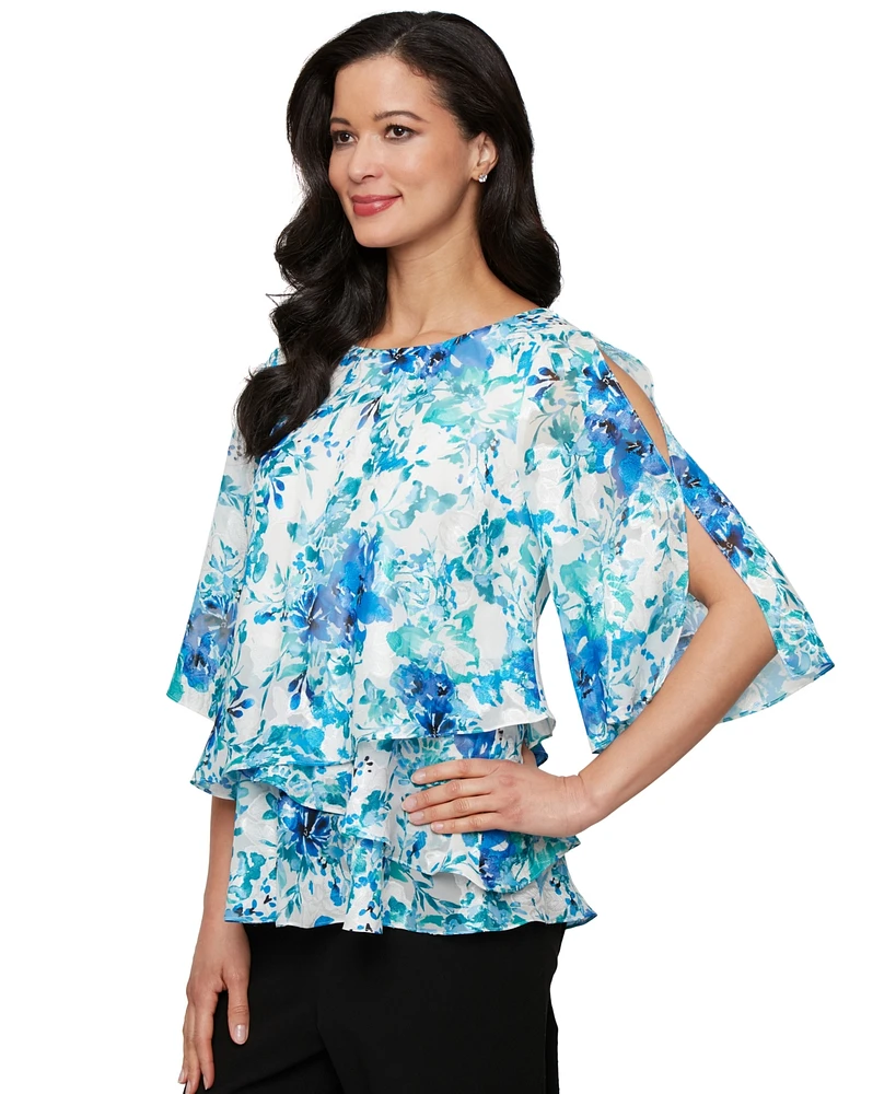 Alex Evenings Women's Printed Tulip-Hem Chiffon Burnout Blouse