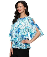 Alex Evenings Women's Printed Tulip-Hem Chiffon Burnout Blouse