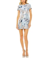 Mac Duggal Women's Short Sleeve Fitted Floral Mini Dress