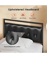 Hausource Twin Size Upholstered Bed Frame with Pu Leather Headboard