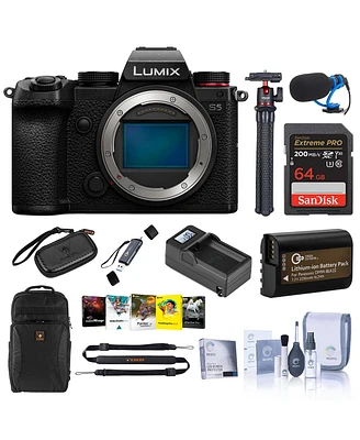 Panasonic Lumix Dc-S5 Mirrorless Camera, Black, Bundle with Backpack, 64GB Memory Card, Mt-11 Tripod, Dmw-BLK22 Battery, Charger Base, Charger Plate,