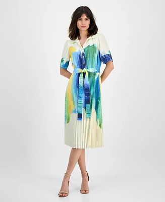 T Tahari Women's Pleated-Skirt Brushstroke-Print Belted Dress