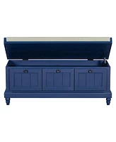 Classic Storage Bench with Cushioned Seat and Three Drawers for Entryway and Living Room (Navy Blue)