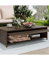 Patio Rattan Daybed Wicker Loveseat Sofa with Multifunctional Ottoman