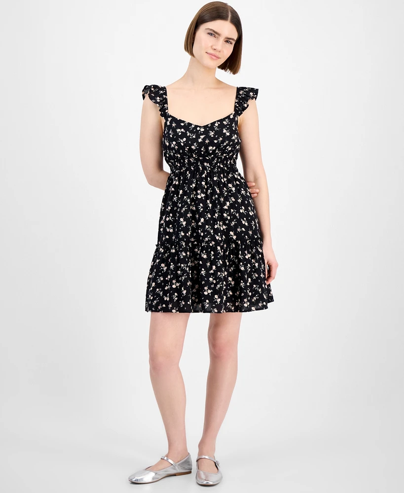 Pink Rose Juniors' Flutter-Sleeve Floral-Print Mini Dress