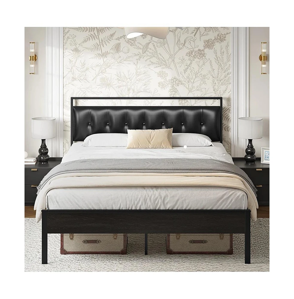 Hausource Queen Size Upholstered Bed Frame with Pu Leather Headboard