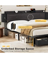 Hausource King Size Bed Frame with Storage Headboard No Box Spring Needed